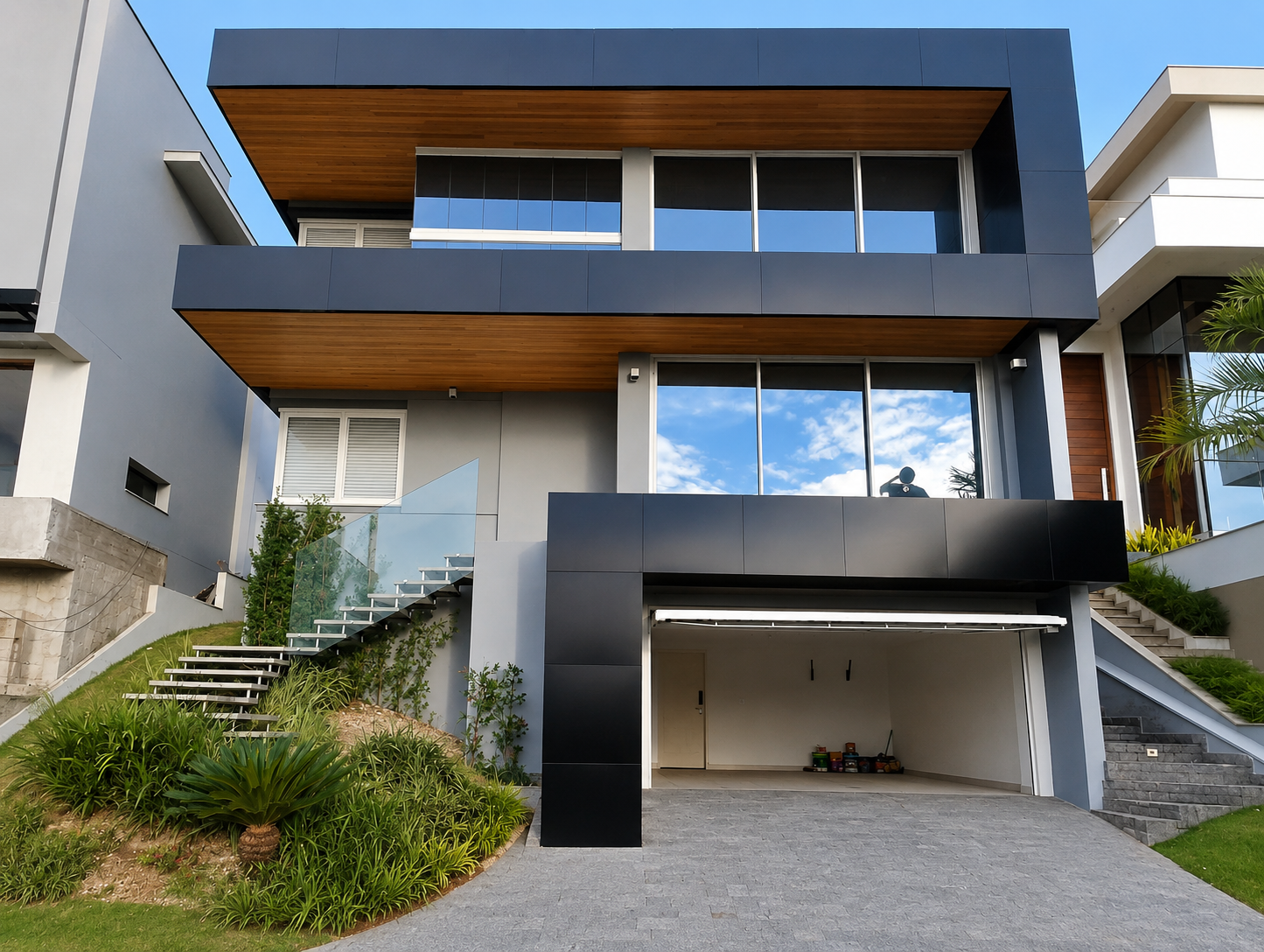 Fachada residencial com grandes aberturas em Linha Chroma e vidro refletivo